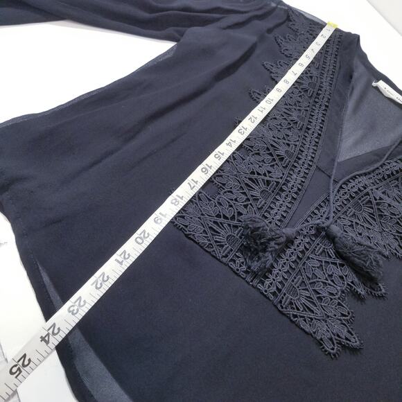 Line and Dot Black Crochet Tassels Deep V-neckline Sheer Blouse Long Sleeves - Picture 7 of 11